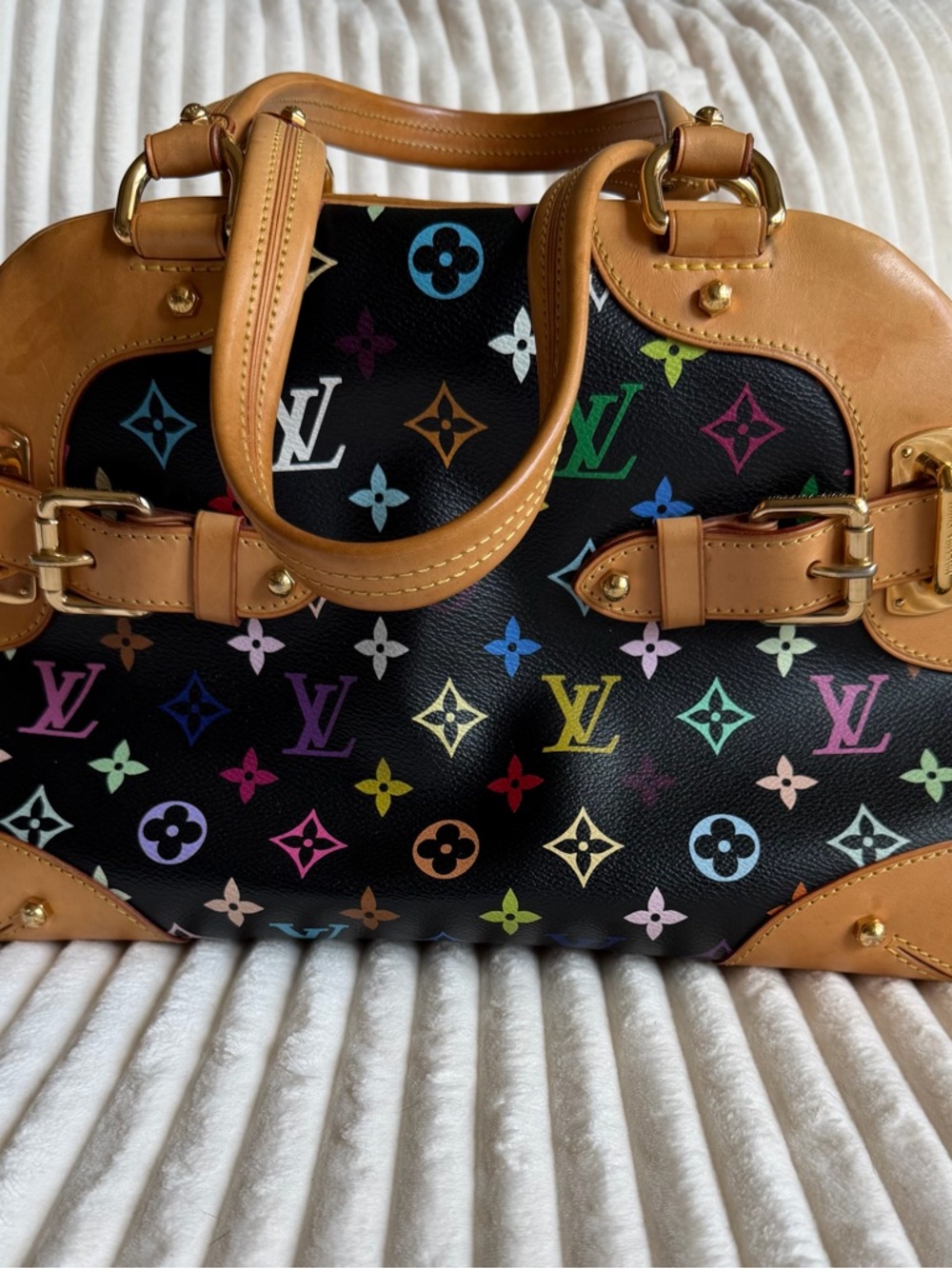 Louis Vuitton Black Multicolor Monogram Satchel with Tan Trim